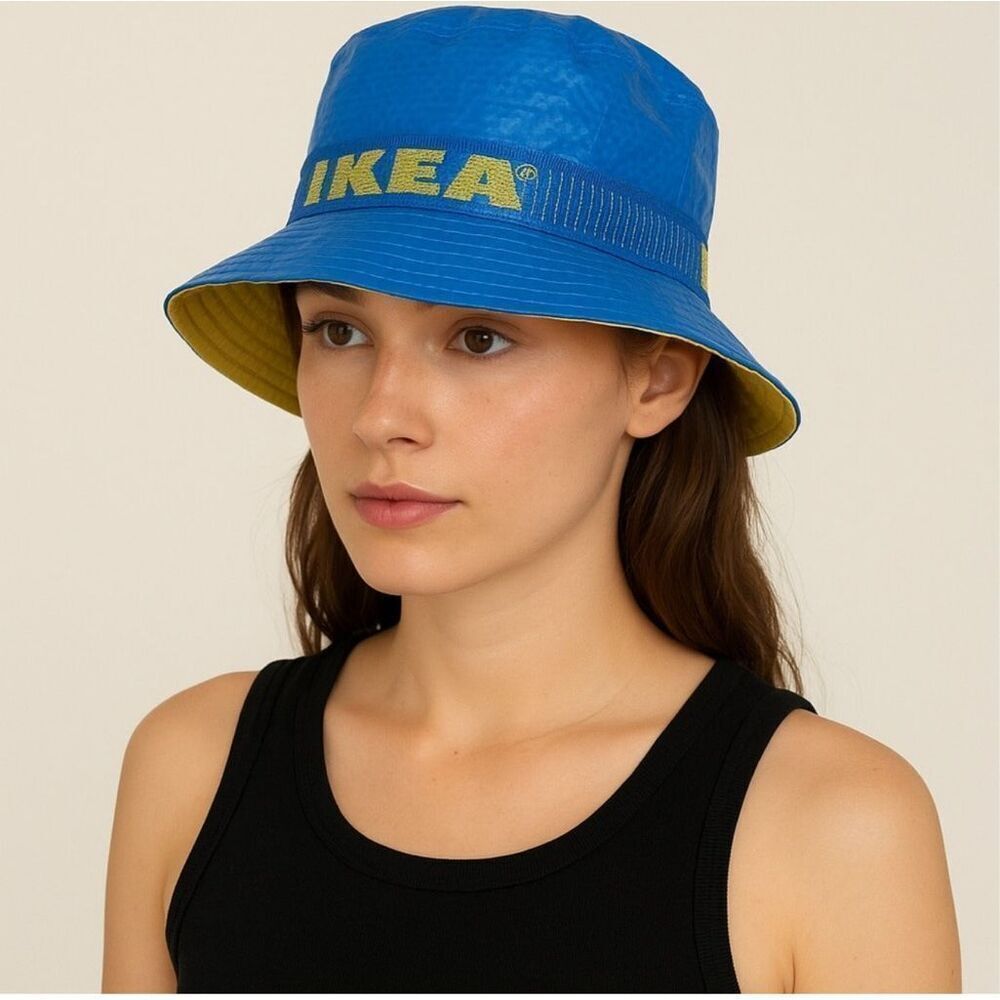IKEA Limited Edition KNORVA Bucket Hat Blue logo yellow waterproof rain cap OS